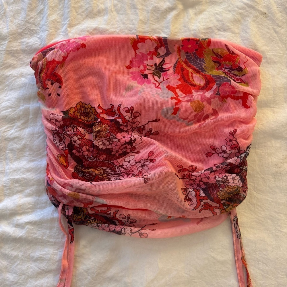 Missguided Neon Pink Dragon/Floral Print Ruched Bandeau Top | Size M | NWT - Picture 2 of 7